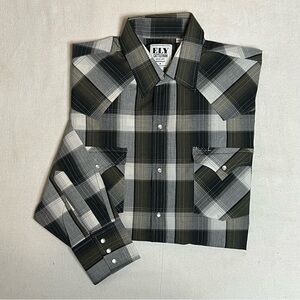 ELY CATTLEMAN Pearl Snap Western Shirt Mens Size Large Olive Plaid Long Sleeve